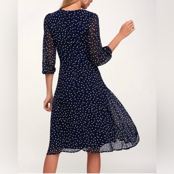 Lulus | Elicia Blue Polka Dot Long Sleeve Dress Size M Midi Length Lined - Picture 6 of 14